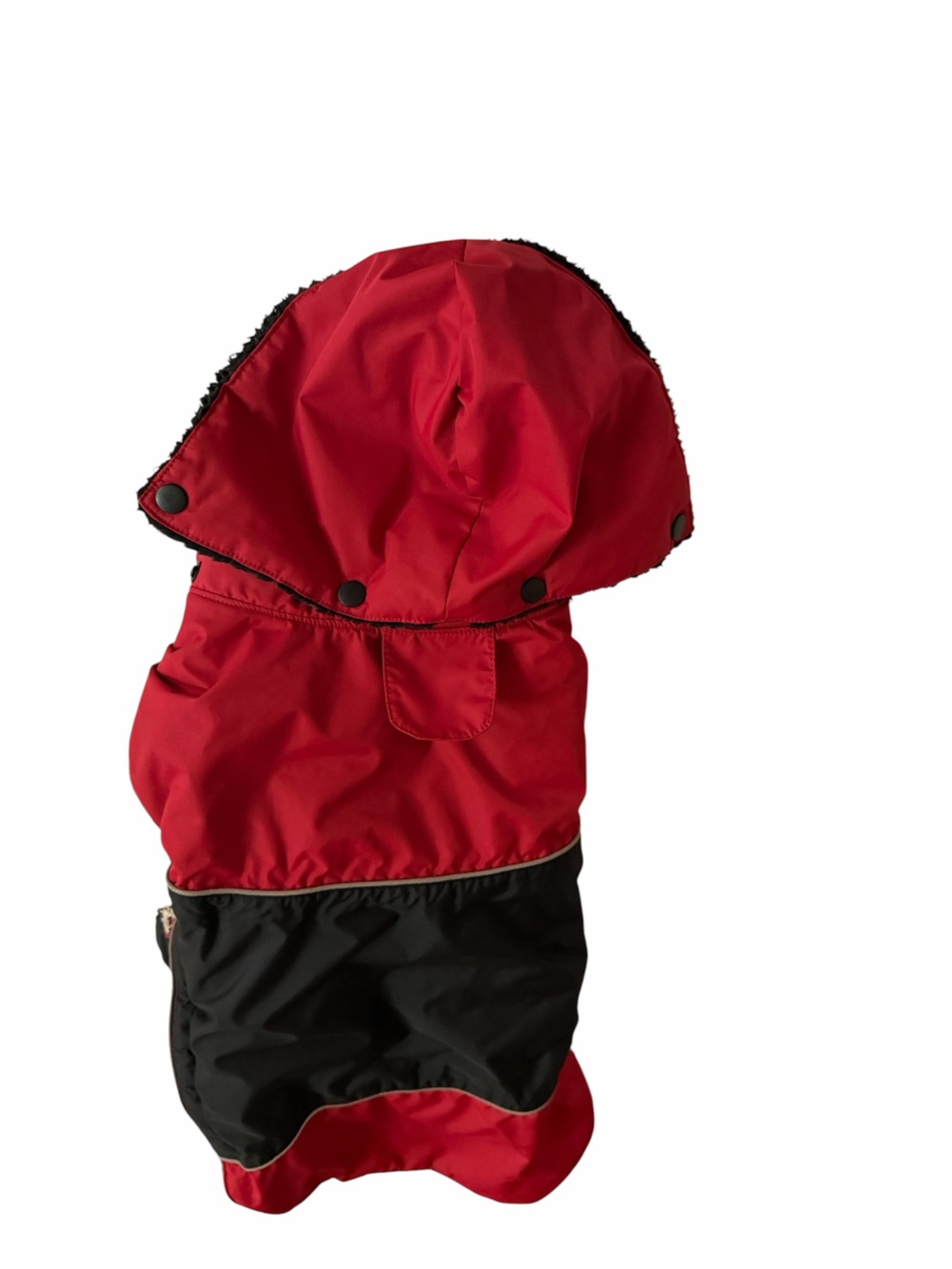 Red waterproof fleece lined dog coat Velcro closure at neck removable hood